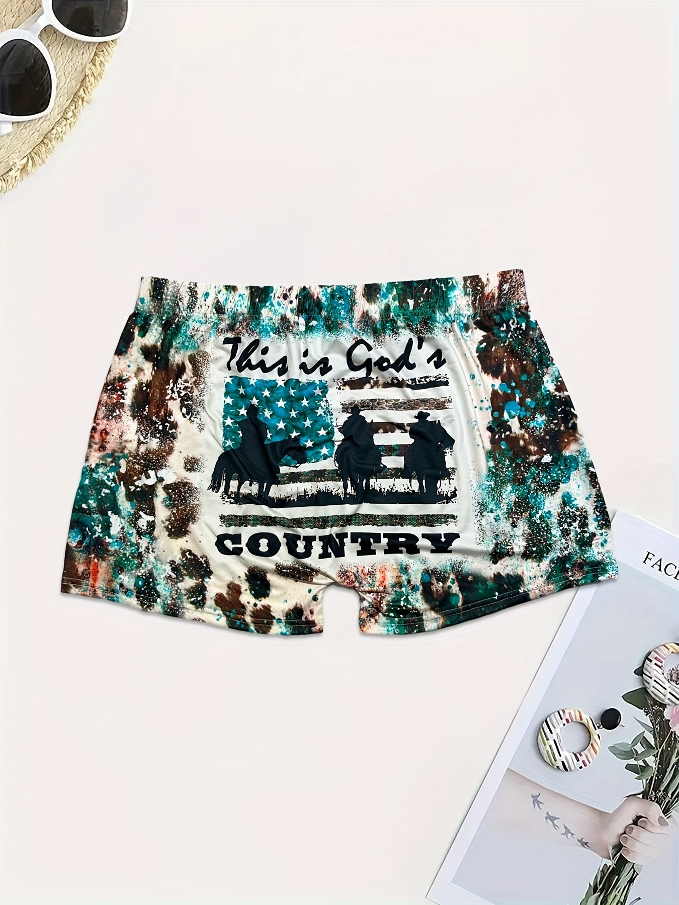 Cowboy & Slogan Print Tie Dye High Rise Stretch Shorts