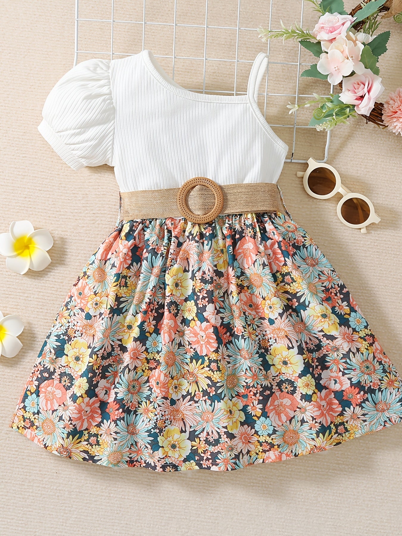 Girls Short Bubble Sleeve Floral Dress Kids Summer Clothes