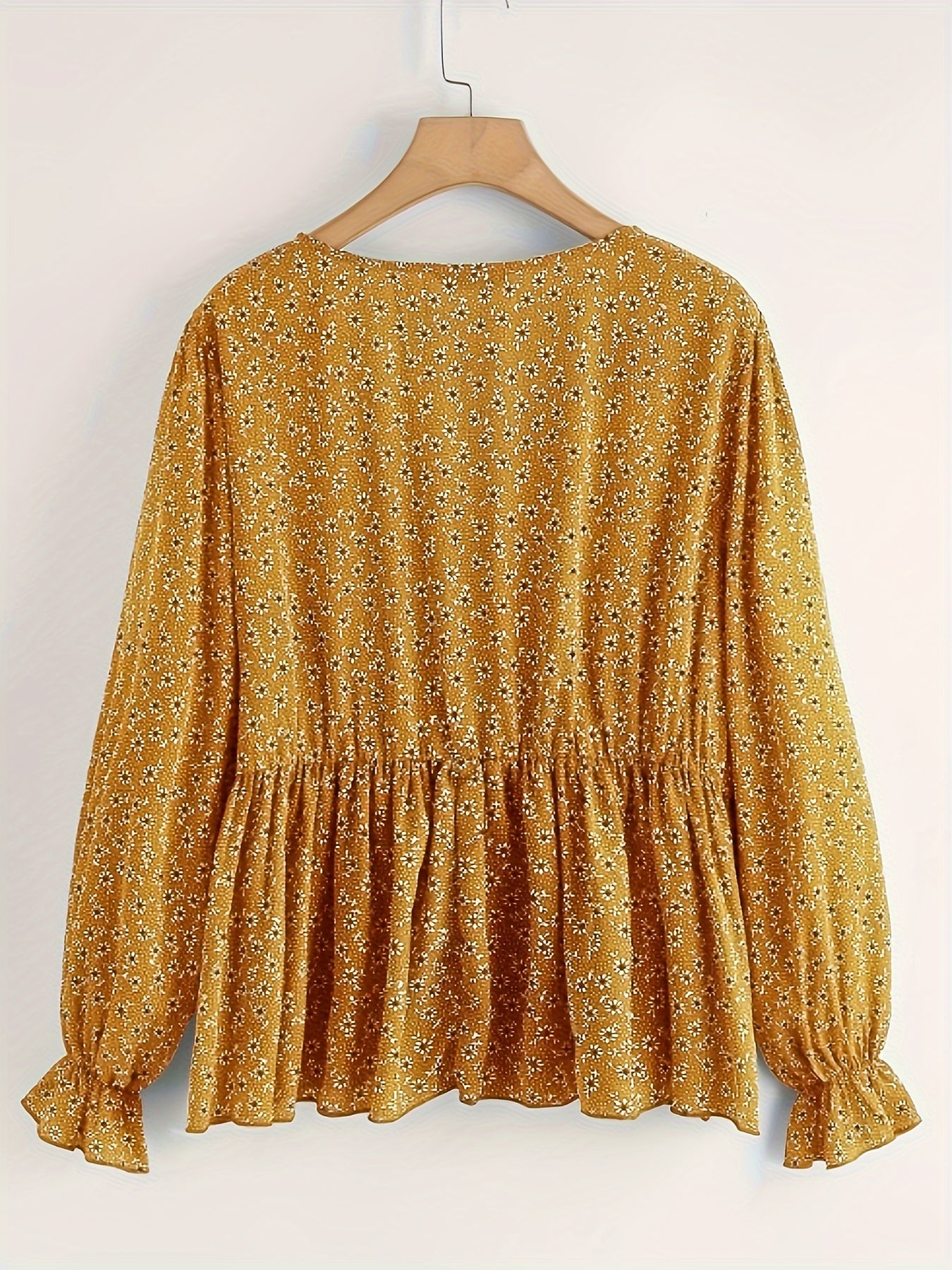  Boho Blouse Women Ditsy Floral Tie Front Flounce Sleeve Peplum Top