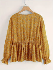  Boho Blouse Women Ditsy Floral Tie Front Flounce Sleeve Peplum Top