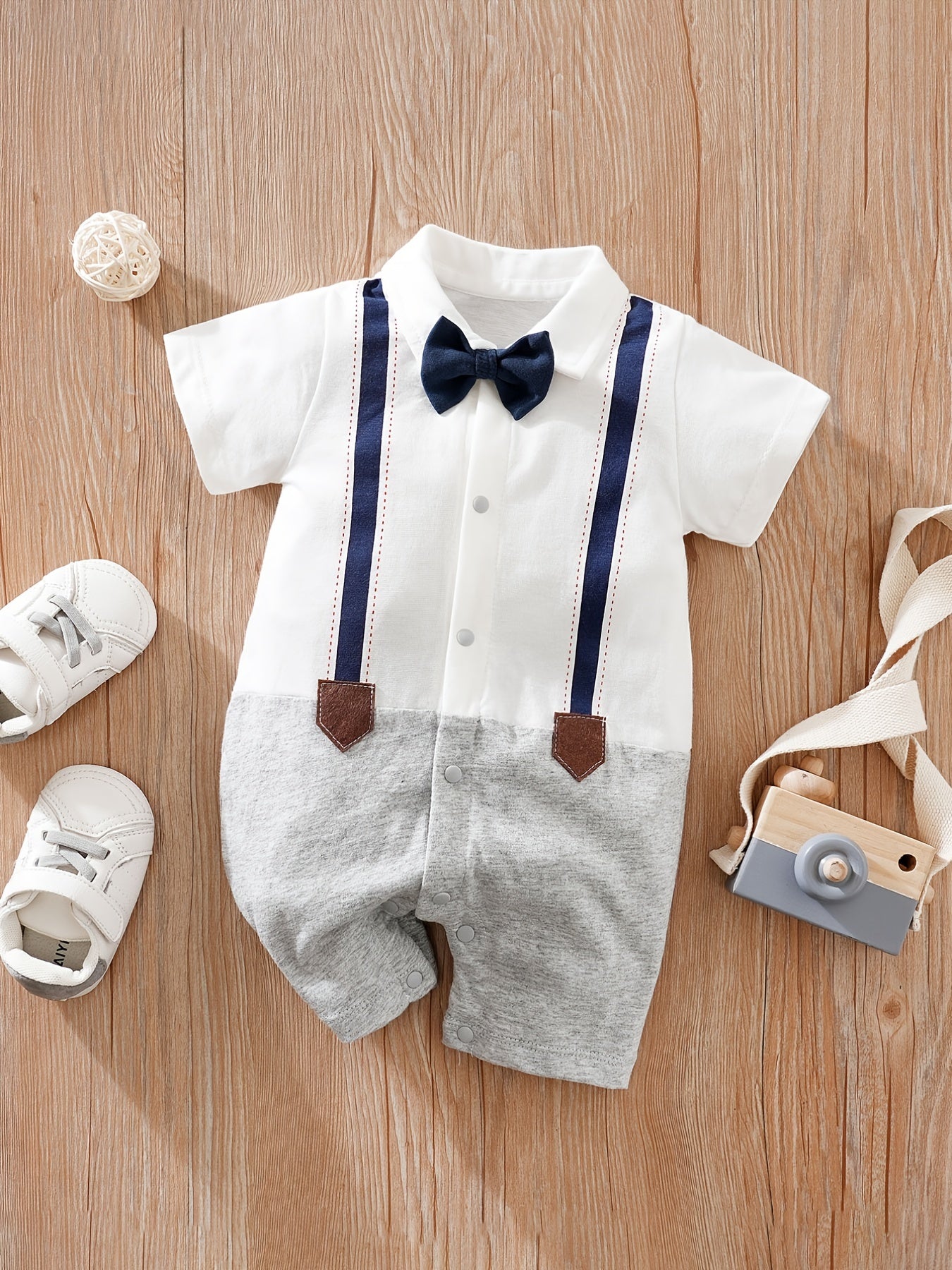 Newborn Infant Short Sleeve Gentleman Romper Cotton Button Bowtie Jumpsuits