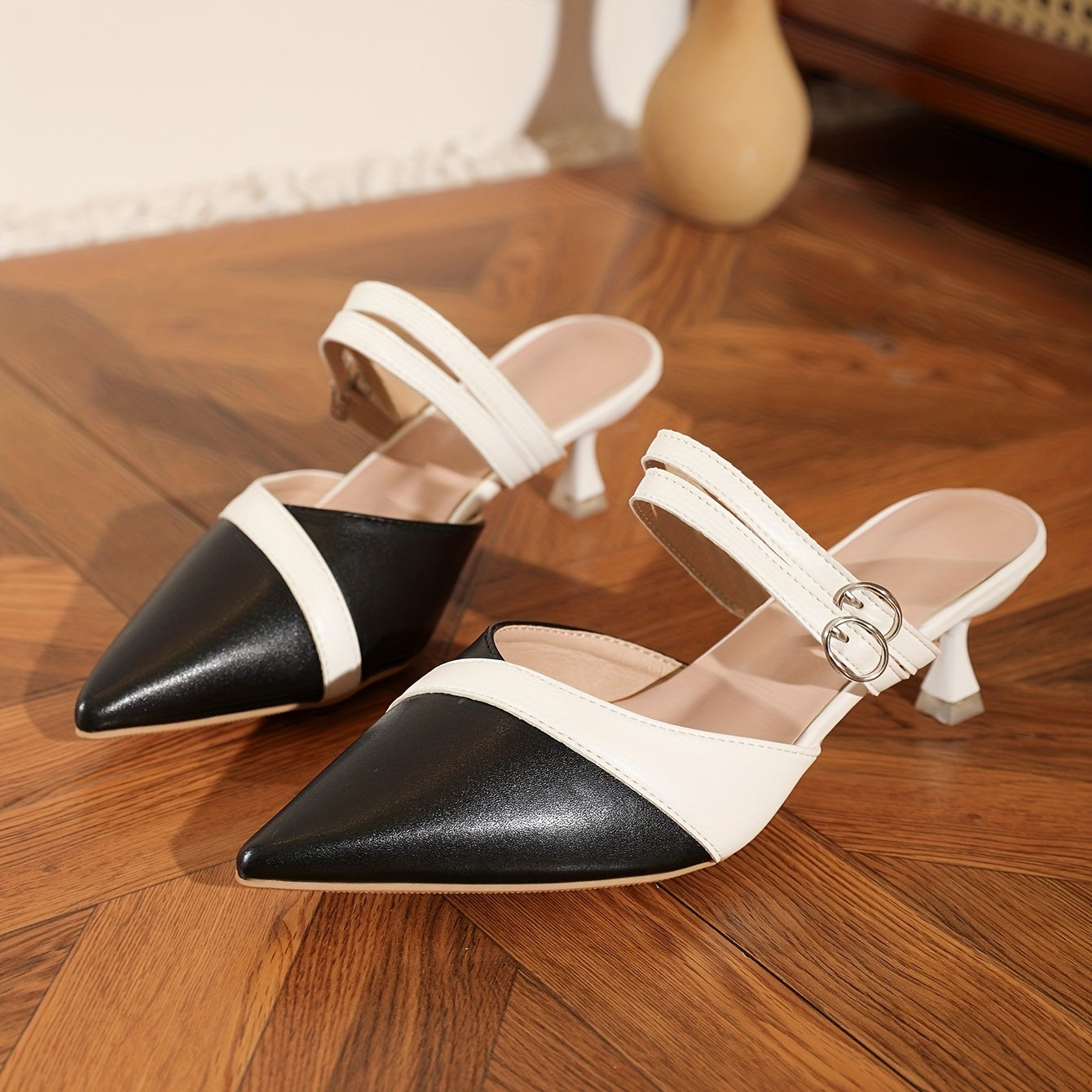 Women's Slingback Kitten Heels Pointed Toe Colorblock Sandals