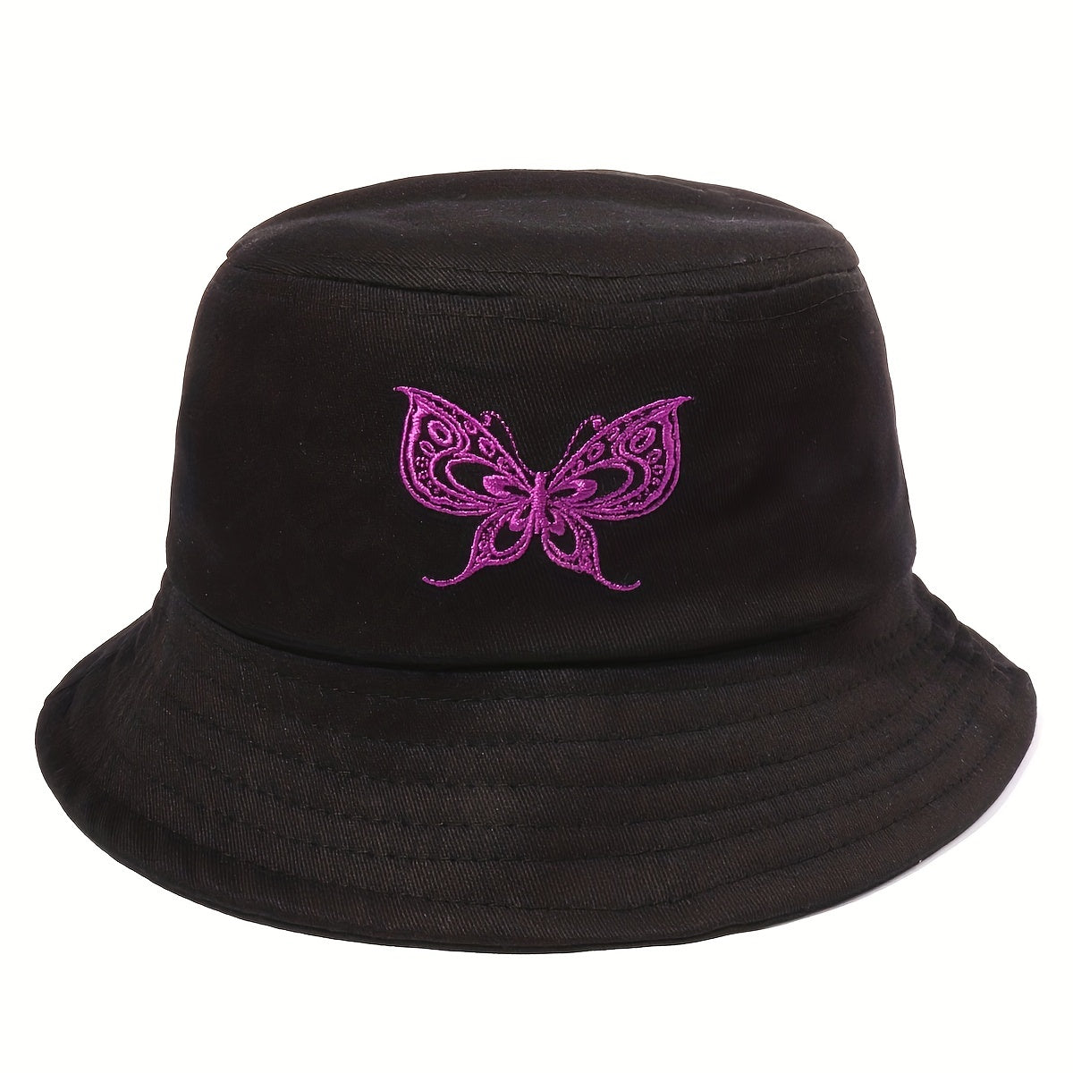 Purple Butterfly Embroidered Bucket Hat for Women