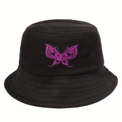 Purple Butterfly Embroidered Bucket Hat for Women