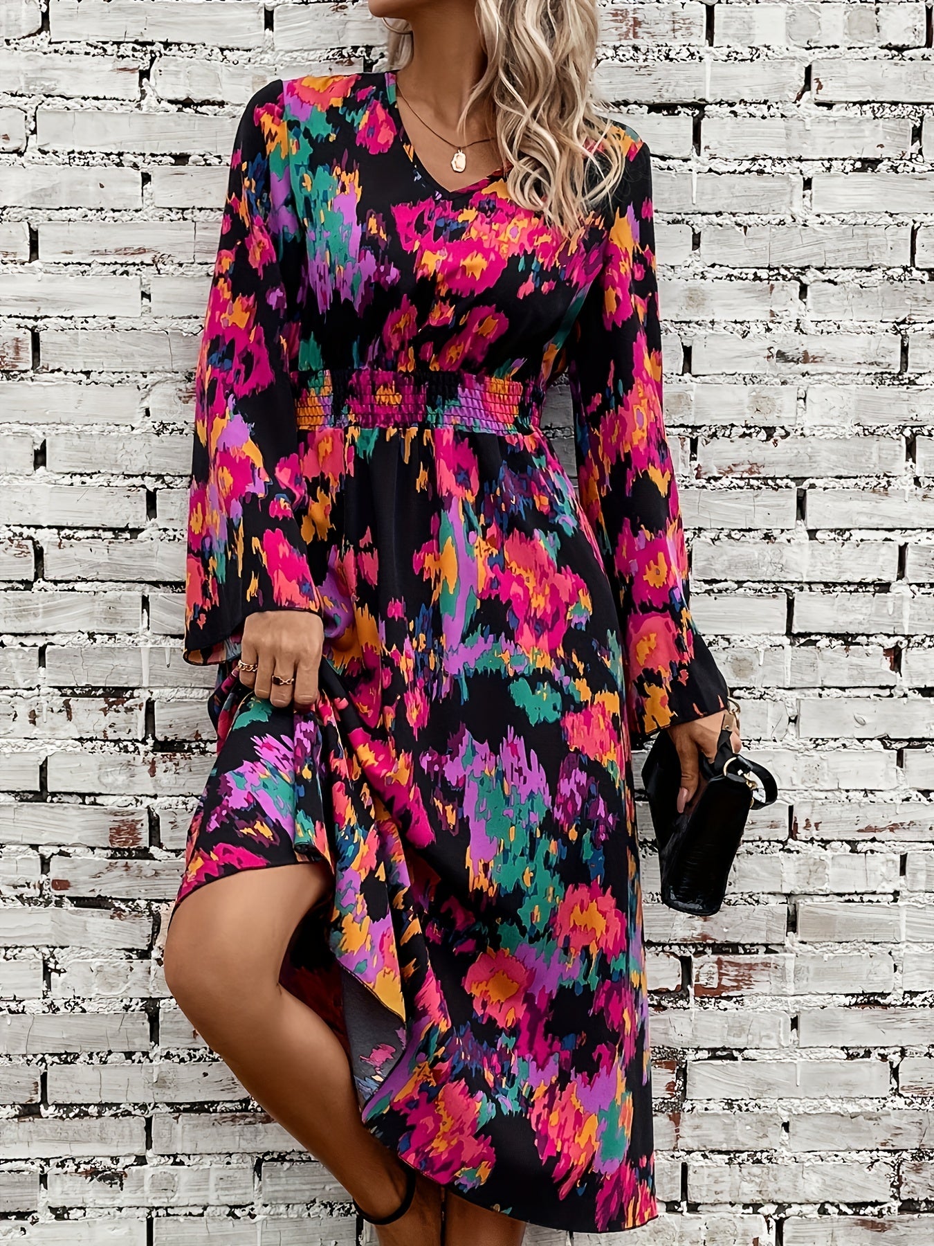  Casual Dress Women's Plus V Neck Nipped Waist Long Sleeve
