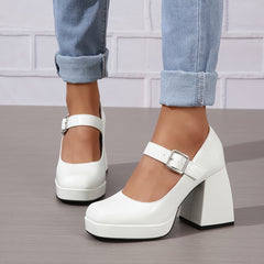 Women's Block Heeled Mary Jane Square Toe High Heels