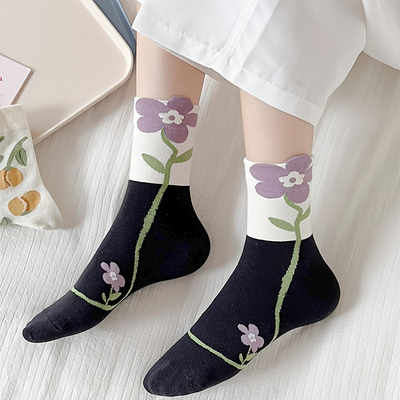 5 Pairs Women's Floral Mid Tube Socks