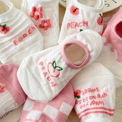 Peach & Floral Print Ankle Socks Women's Stockings