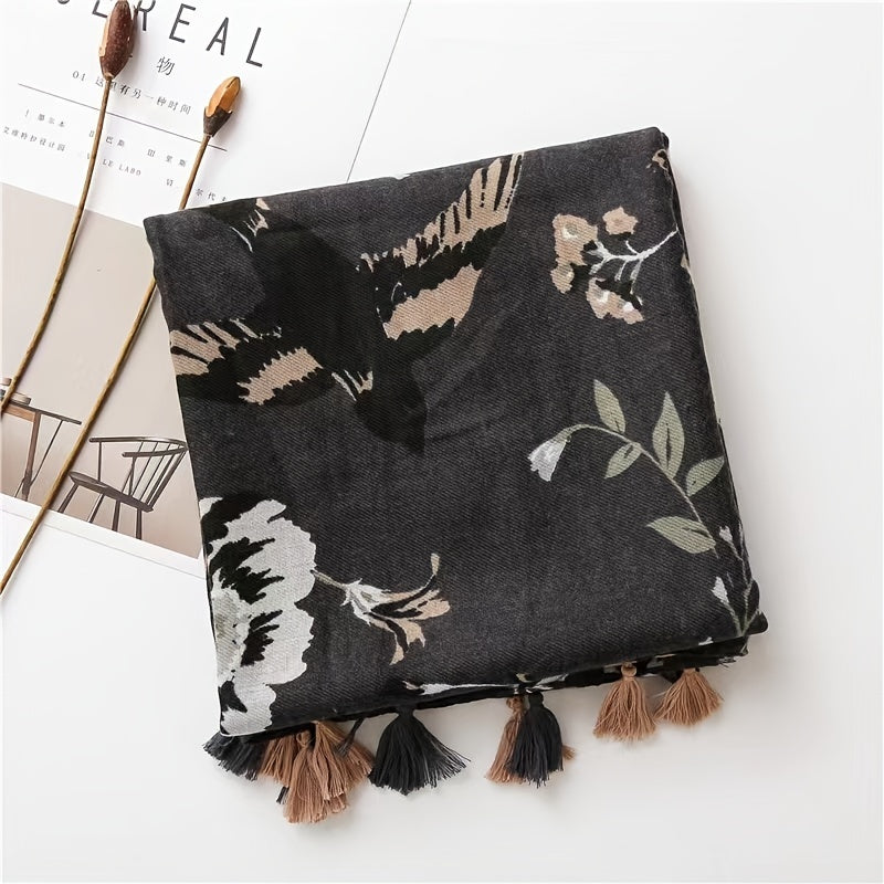 Flower Print Scarf Boho Tassel Shawl Outdoor Beach Travel Windproof Head Wrap