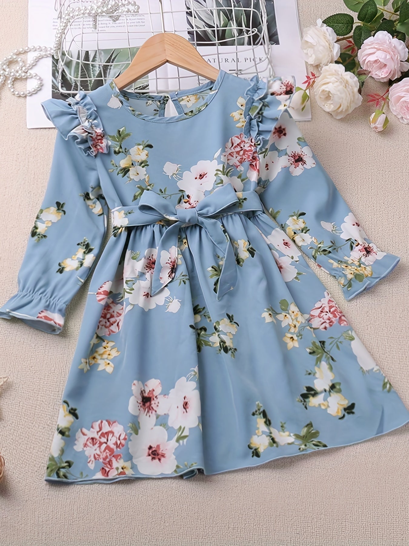 Girls Ruffle Long Sleeve Floral Print Belted Dress