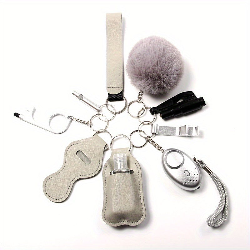 9pcs Women's Keychain Set: Alarm, Travel Bottle, Accessories