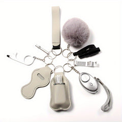 9pcs Women's Keychain Set: Alarm, Travel Bottle, Accessories