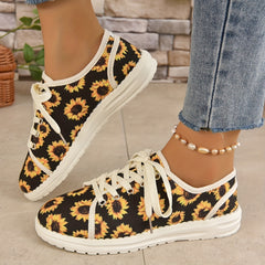 Women's Sunflower Print Sneakers Lace Up Casual Canvas Shoes