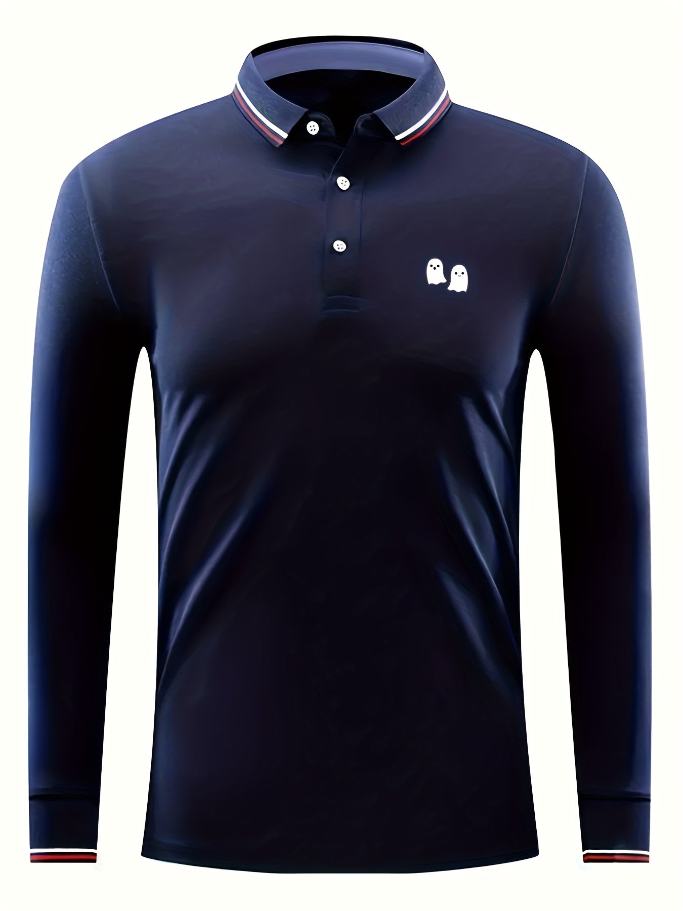 Halloween Cartoon Ghost Print Men's Casual Long Sleeve Polo Shirt