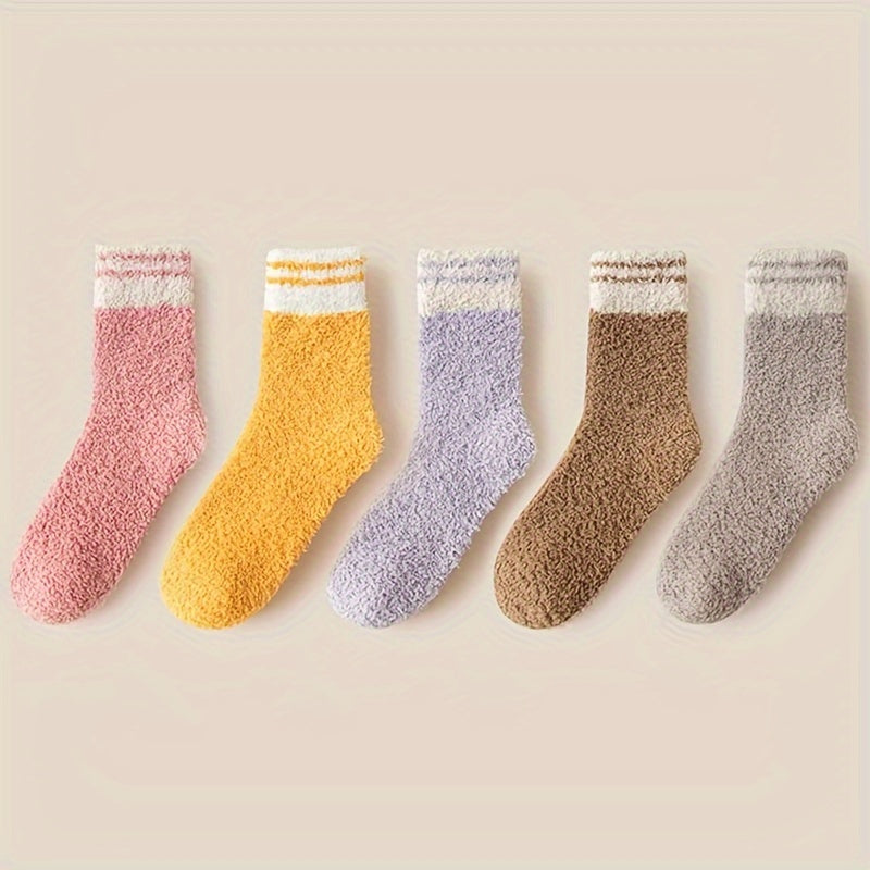 5 Pairs Striped Fuzzy Socks Comfy & Warm Women's Stockings