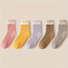 5 Pairs Striped Fuzzy Socks Comfy & Warm Women's Stockings