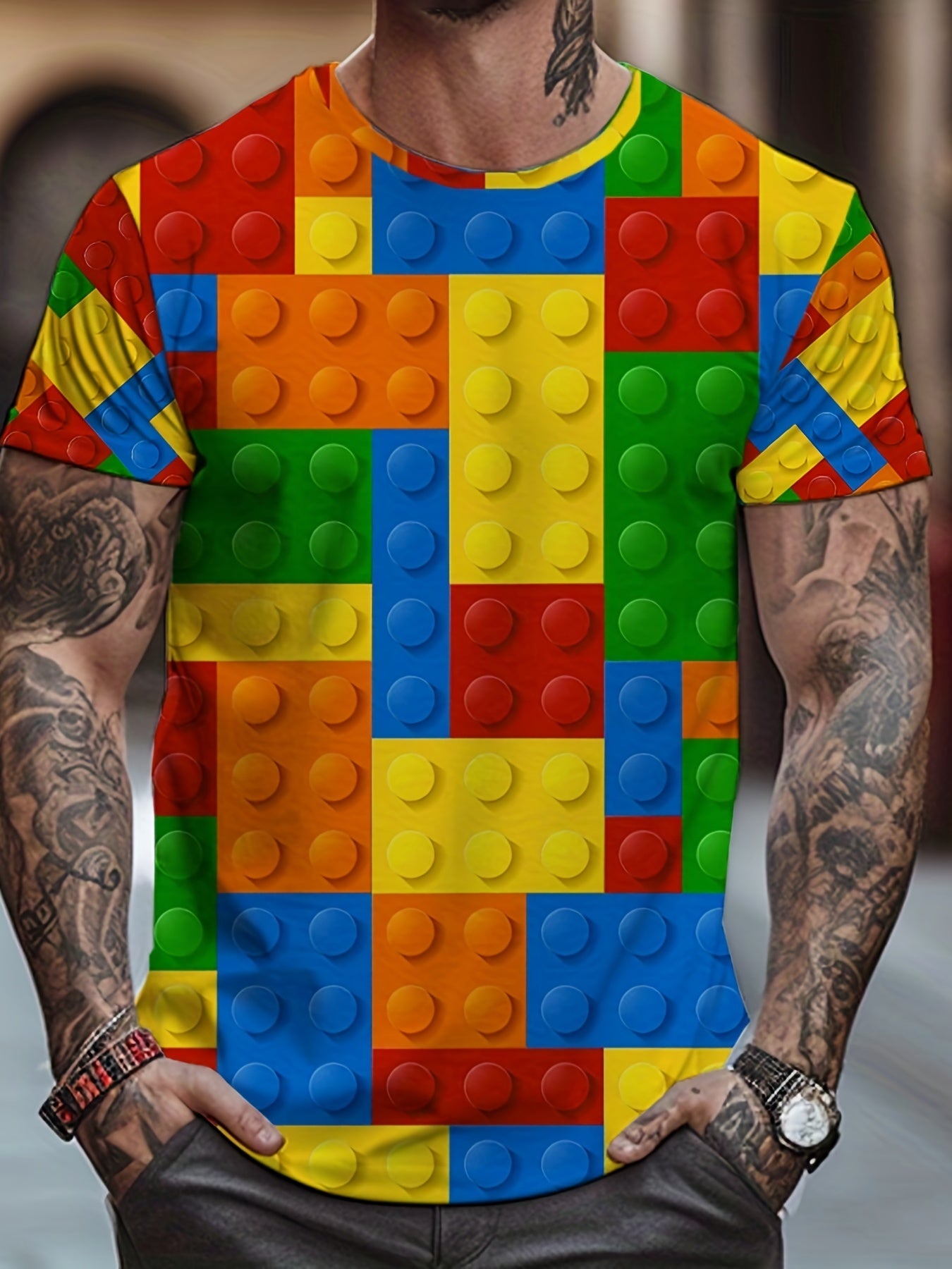 Men's Graphic Print Building Blocks T-shirt for Summer