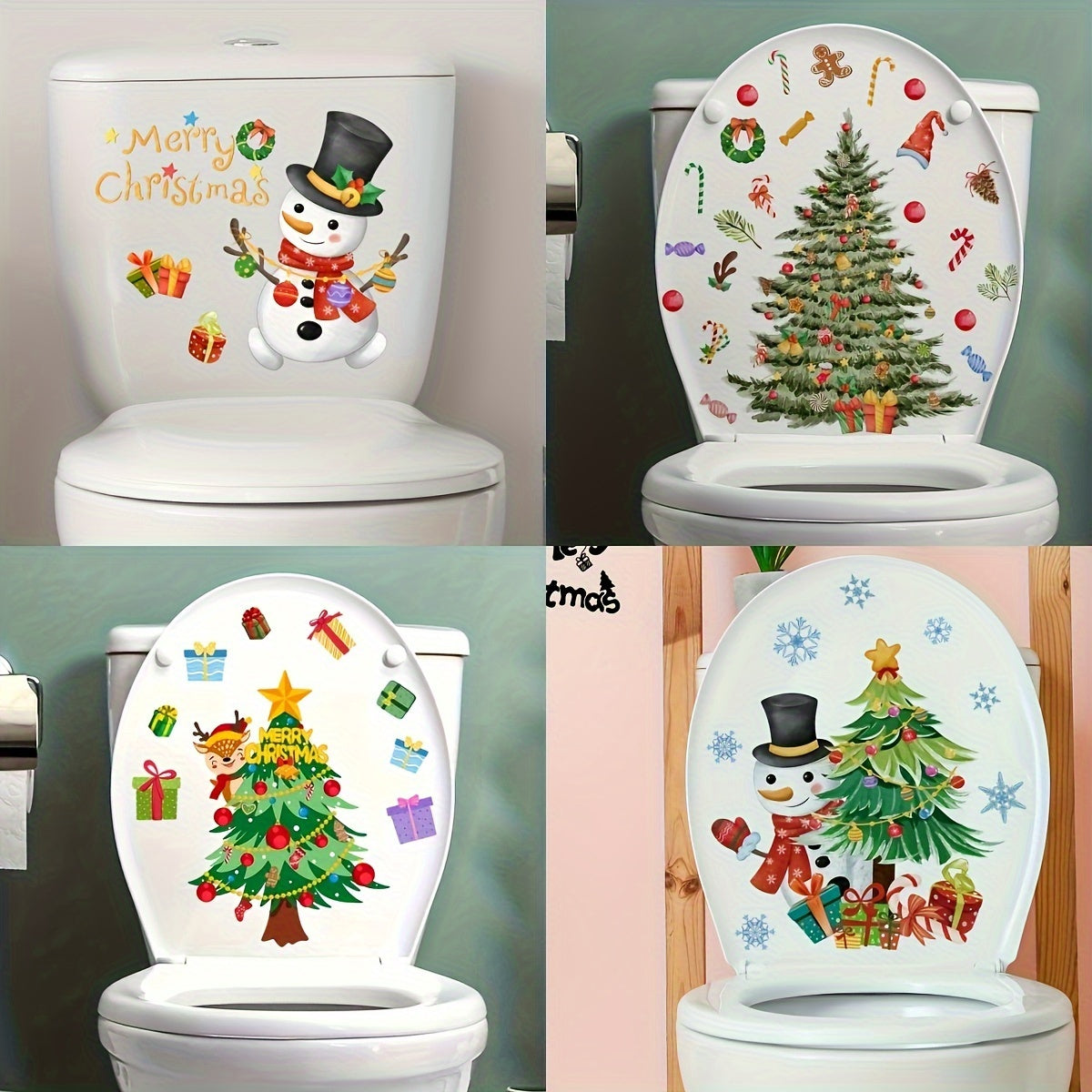 Christmas Tree Snowman Toilet Lid Sticker Self-adhesive Wall Decor