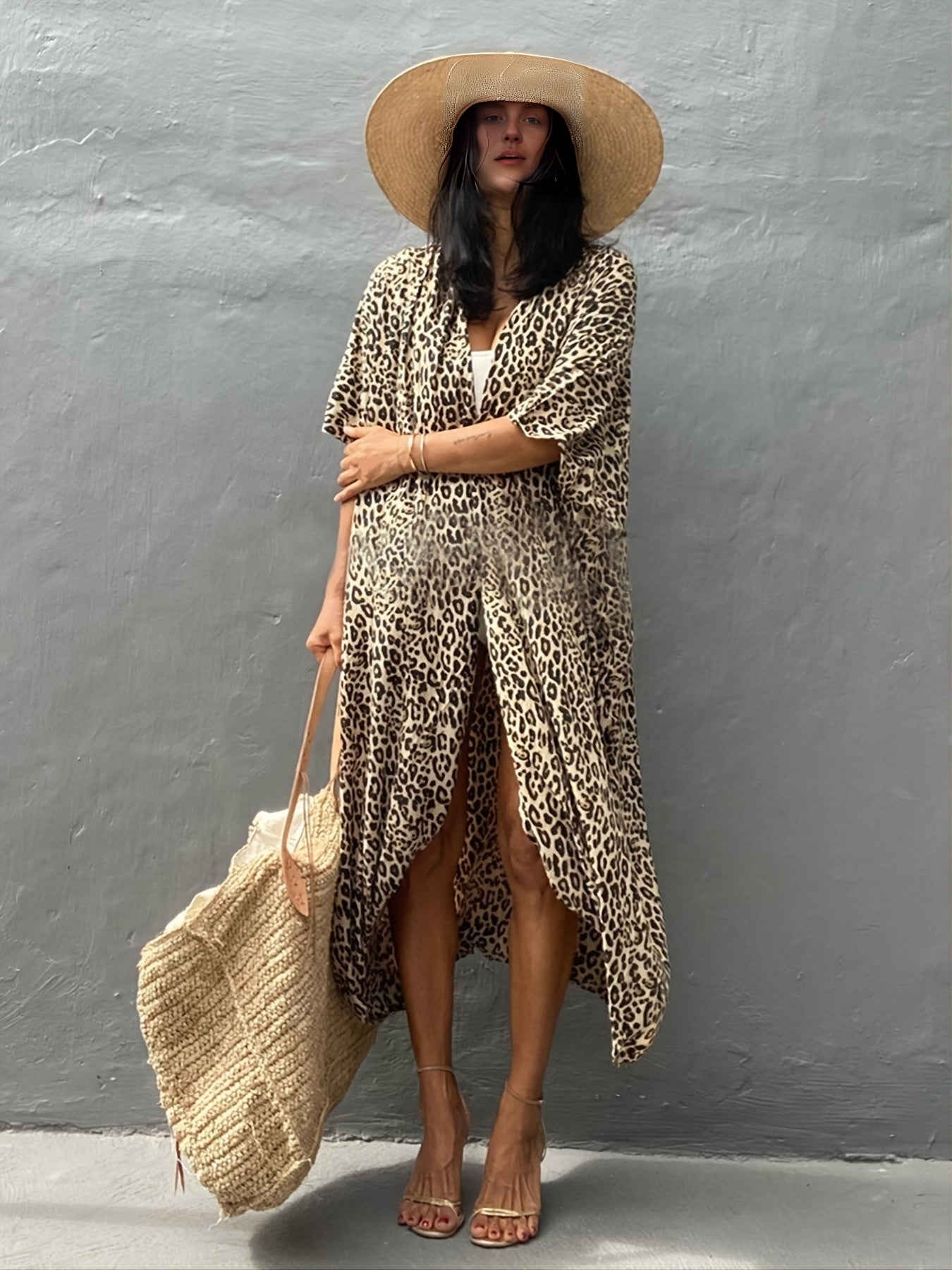 Leopard Print Cover Up Shirt V Neck Half Sleeve Loose Fit