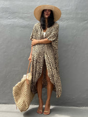Leopard Print Cover Up Shirt V Neck Half Sleeve Loose Fit