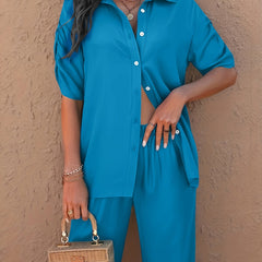 Solid Two Piece Set Ruched Half Sleeve Shirt & Elastic Waist Pants