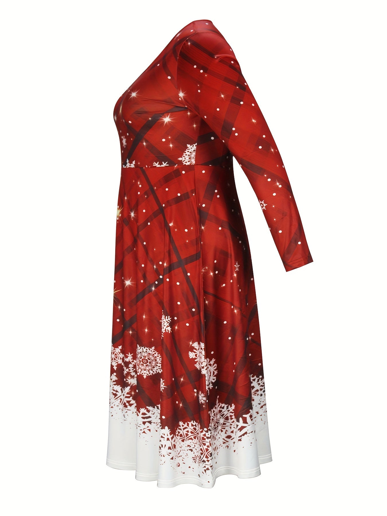 Plaid & Snowflake Print Round Neck Dress