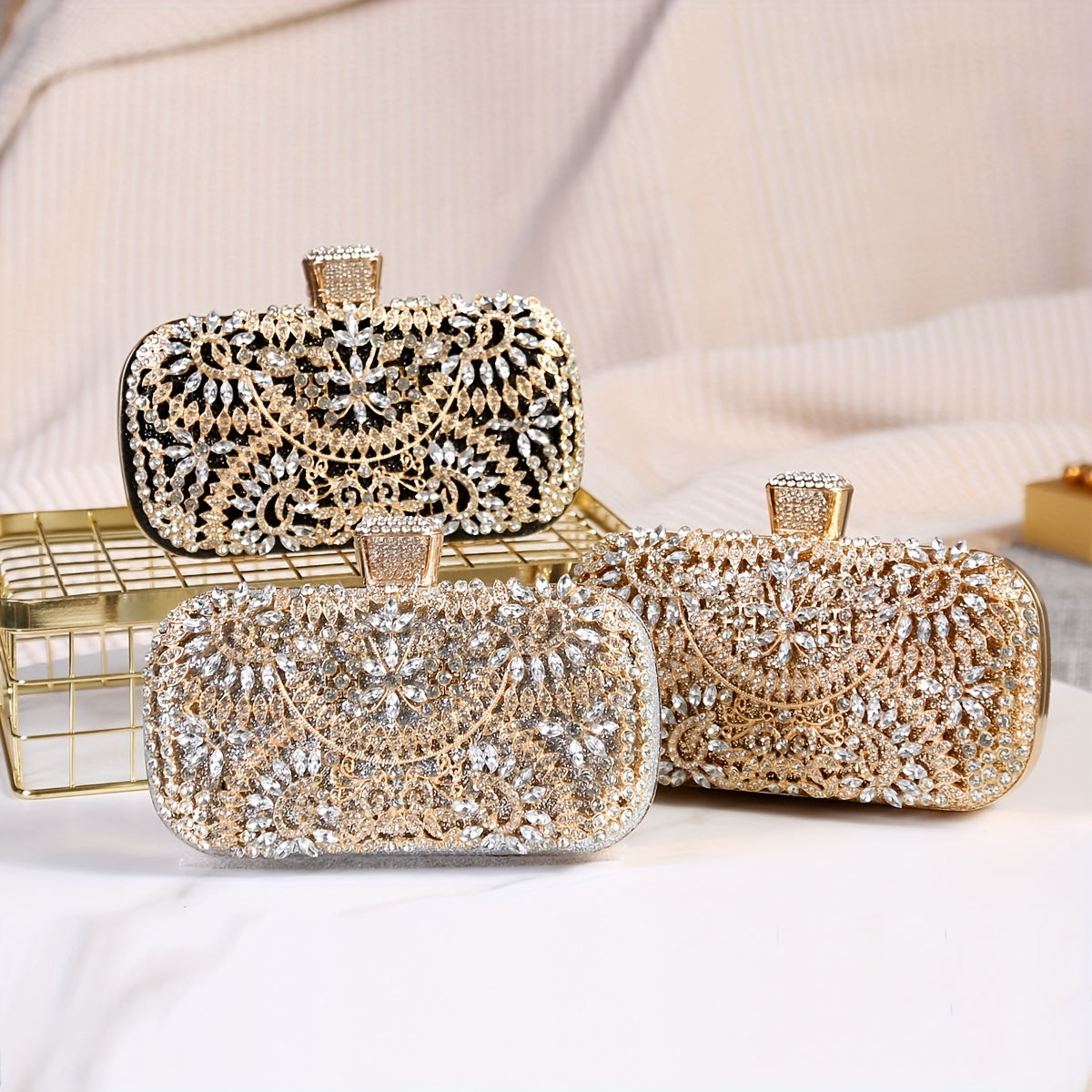 Rhinestone Flower Evening Bag Box Clutch Purse for Wedding Prom
