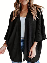  Solid Waffle Knit Bat Sleeve Cardigan