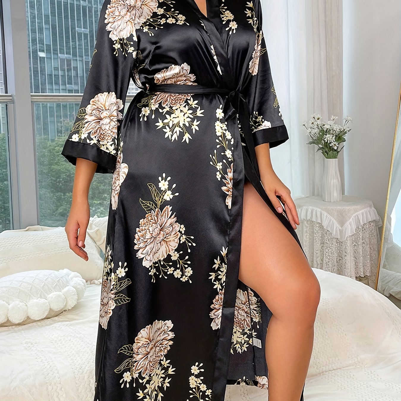  Satin Floral Print Kimono Bath Robe