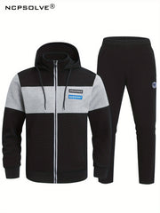 Men's 2 Piece Outfits Block Hooded Zipper Jacket And Sweatpants Set