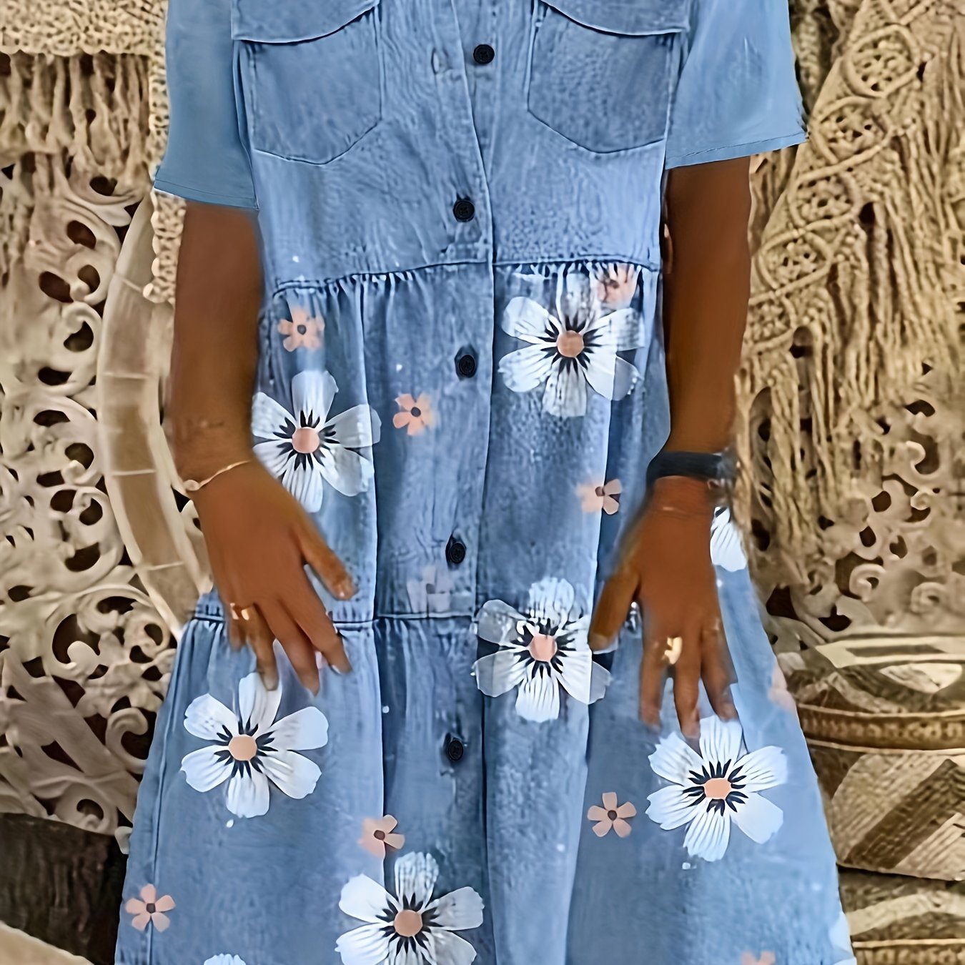 Floral & Denim Print Short Sleeve Button Front Smock Dress