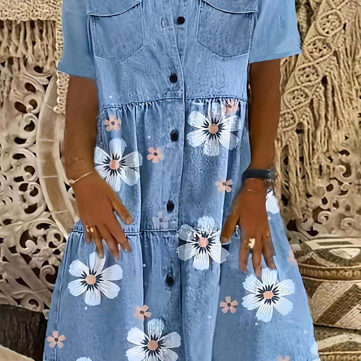 Floral & Denim Print Short Sleeve Button Front Smock Dress