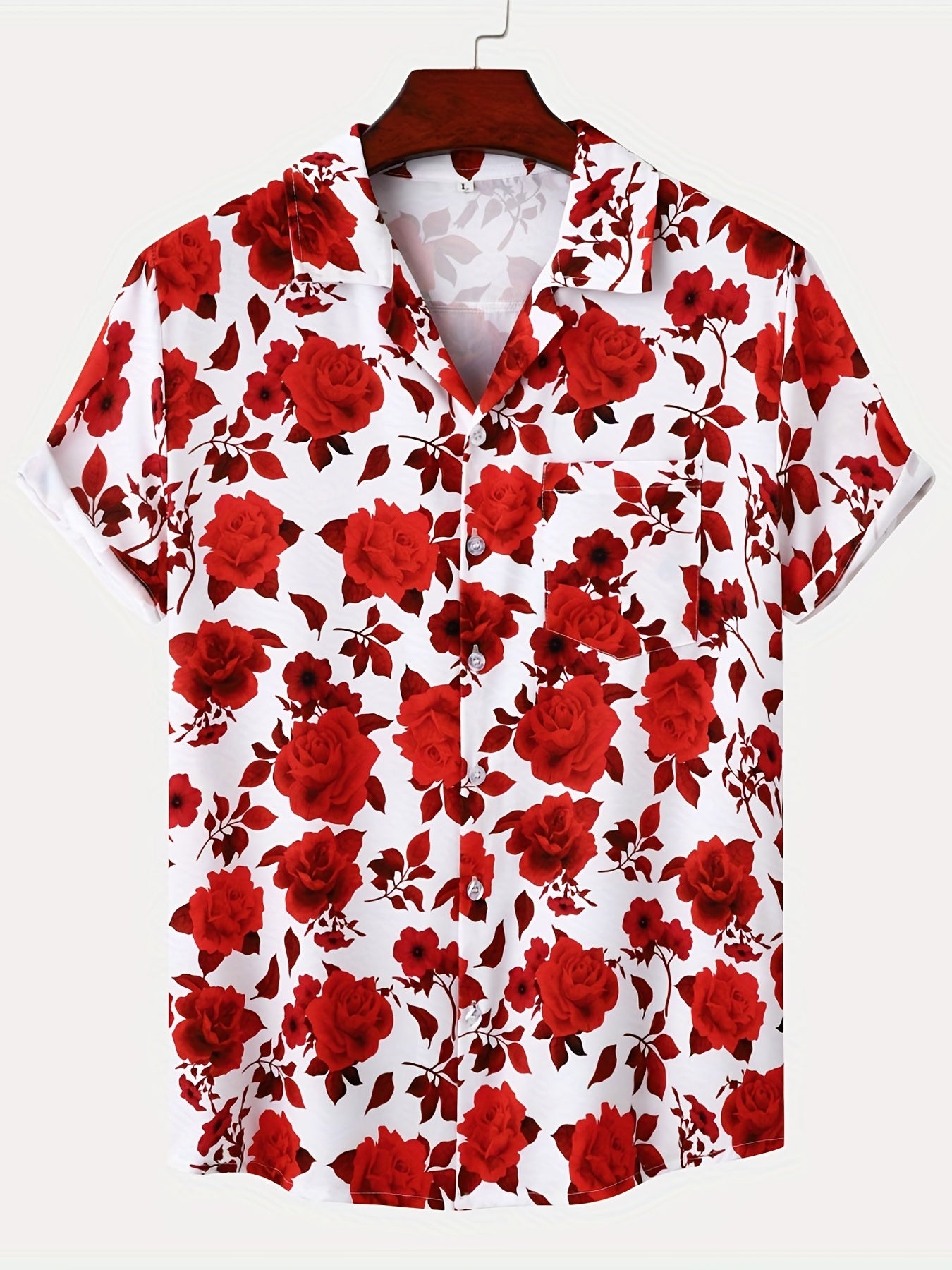Flower Print Men's Hawaiian Shirt Short Sleeve Chest Pocket