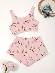  Panda & Letter Print Flannel Crop Top & Shorts Lounge Set