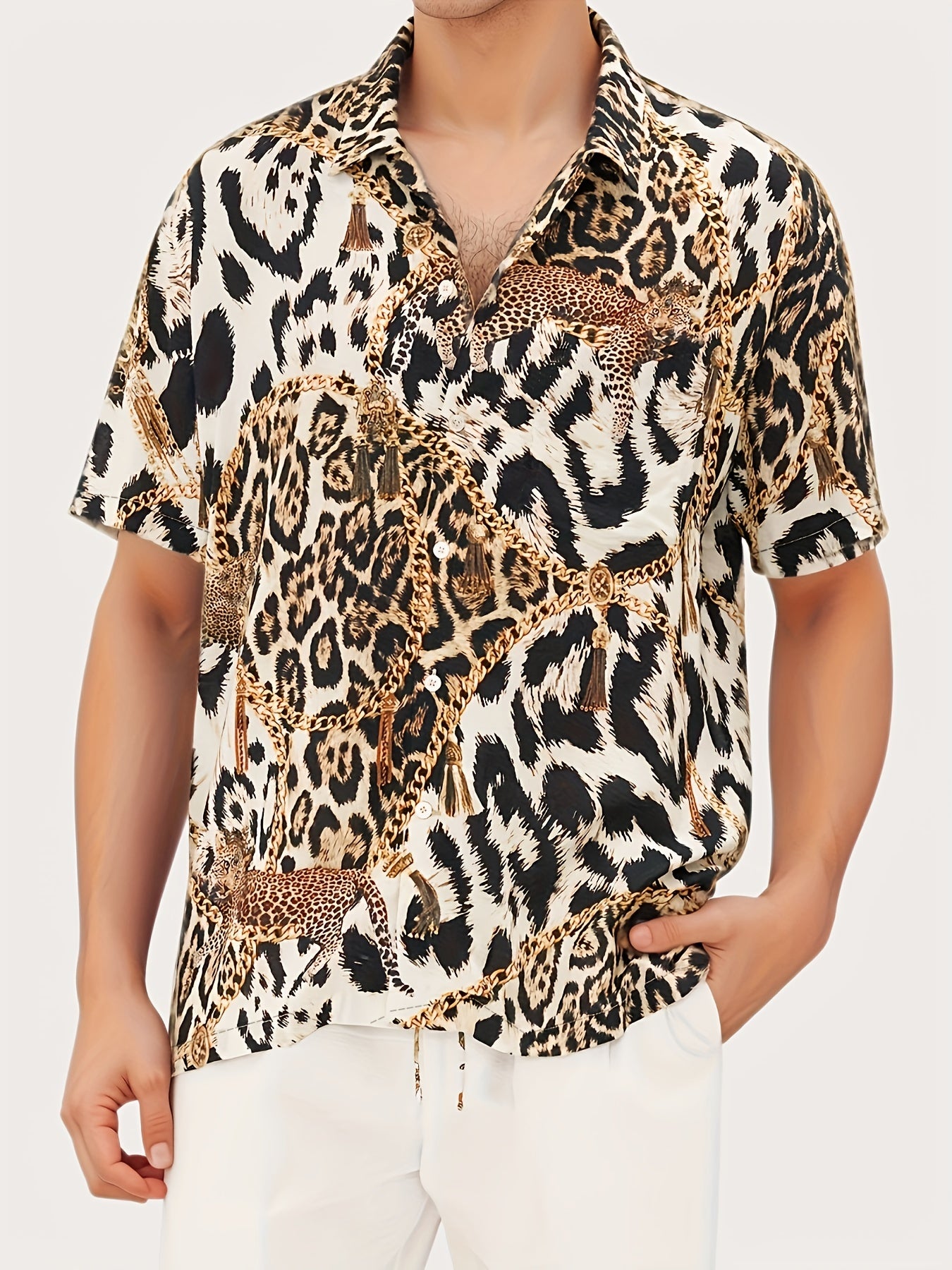 Men's Leopard Print Camp Collar Bowling Shirt Short Sleejsons Disco Closure