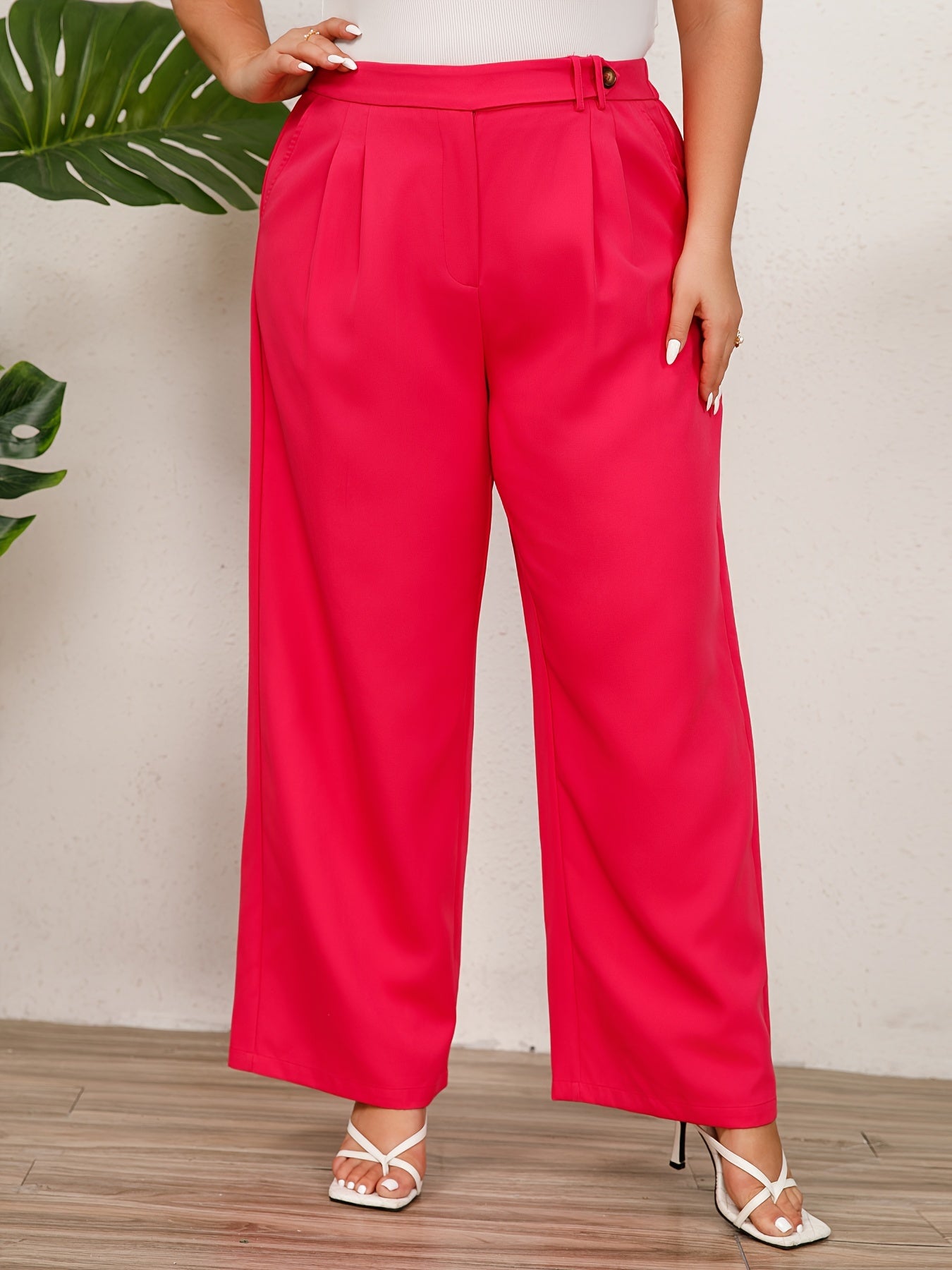  Solid Elastic High Rise Wide Leg Trousers