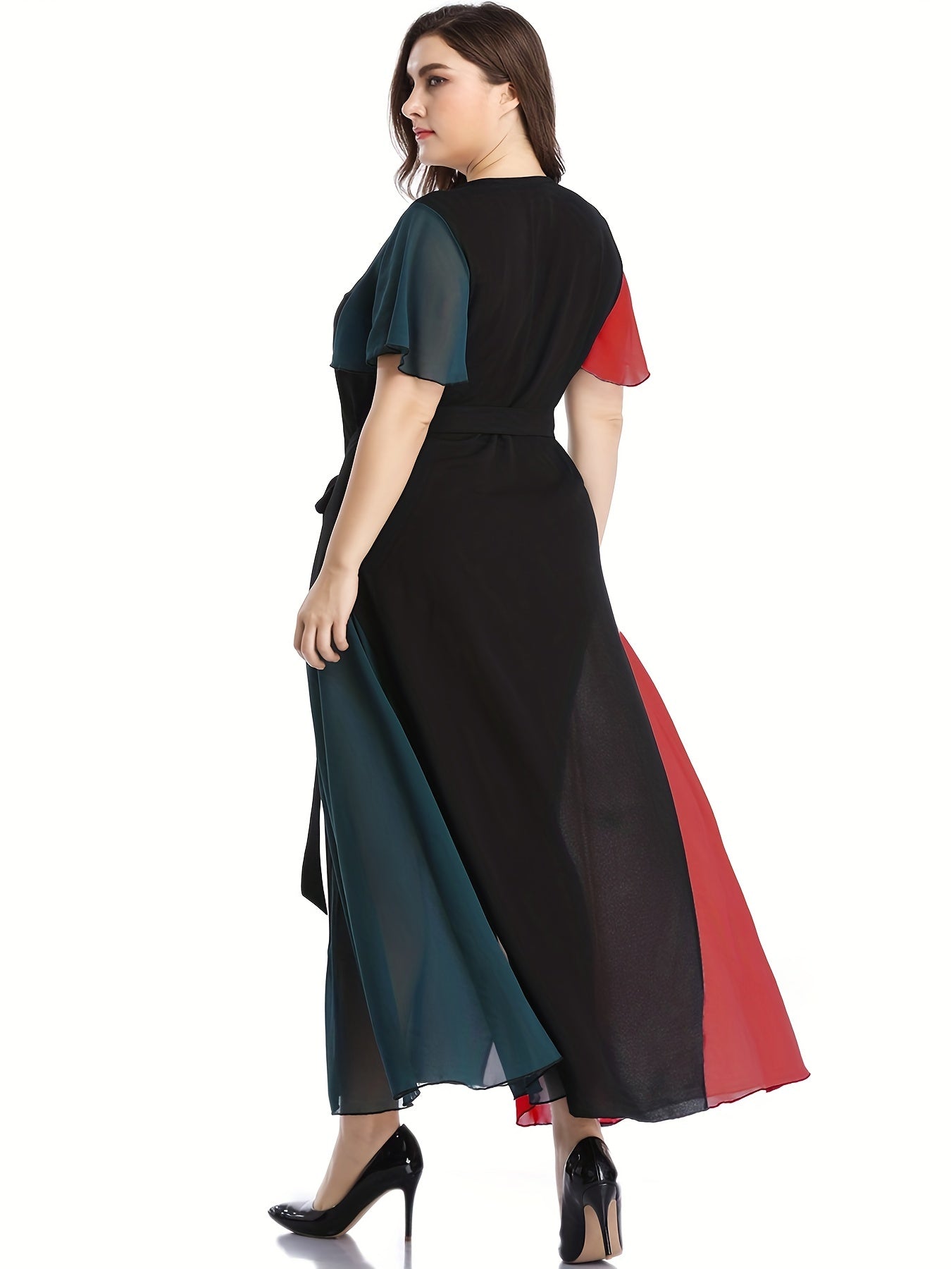  Colorblock Flutter Sleeve V Neck Maxi Dress With Belt