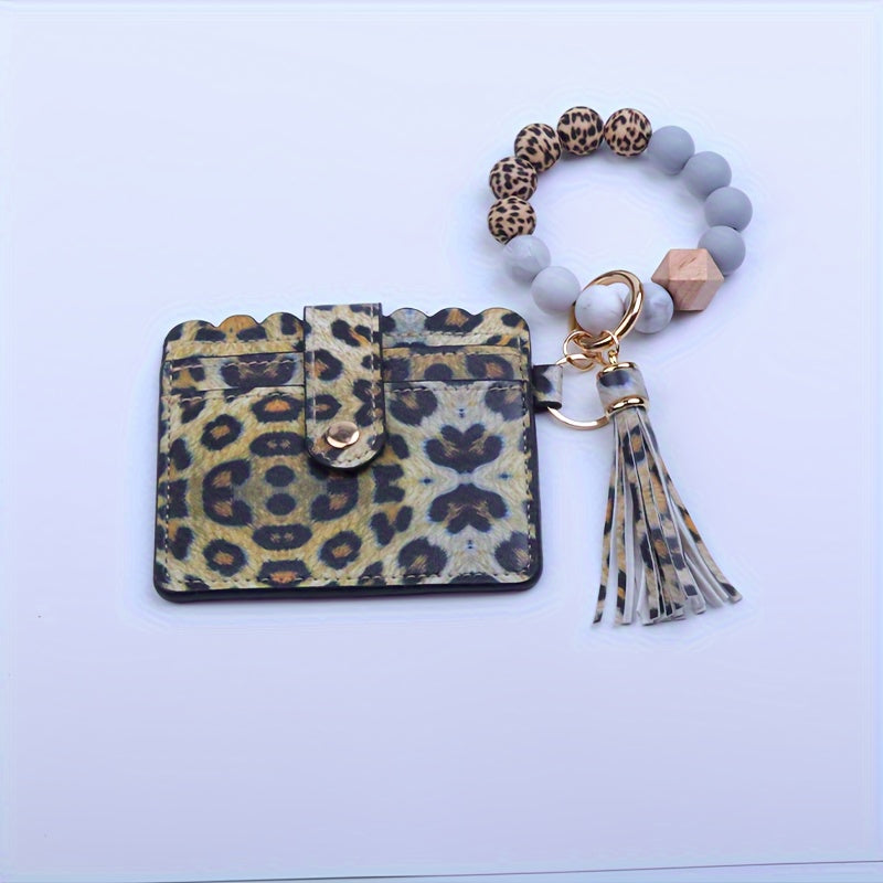 Leopard Print Tassel Wallet Keychain Silicone Beaded Bracelet