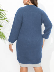  Colorblock Lantern Sleeve V Neck Midi Sweater Dress