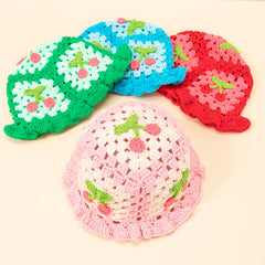 Cherry Crochet Ruffles Beanie Hollow Cotton Cloche Hat Women Knit Hats Bucket