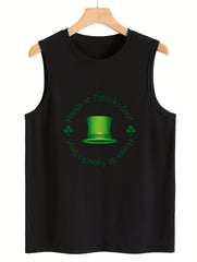 Hat & Leaf Print Sleeveless Sports Vest Round Neck Stretchy Casual Top