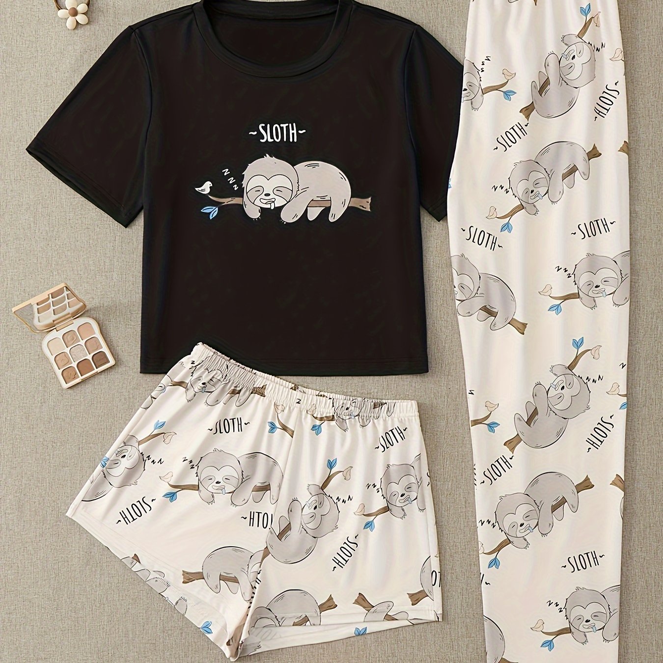 Sloth Print Pajama Set Short Sleeve Crew Neck Top & Shorts Women's Sleepwear