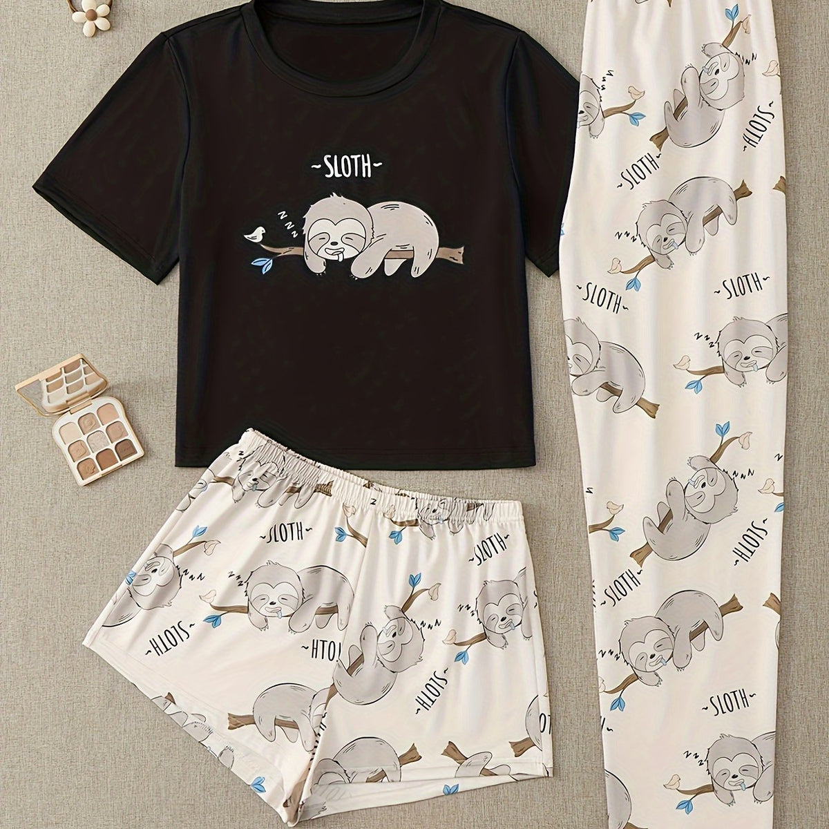 Sloth Print Pajama Set Short Sleeve Crew Neck Top & Shorts Women's Sleepwear