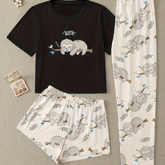 Sloth Print Pajama Set Short Sleeve Crew Neck Top & Shorts Women's Sleepwear