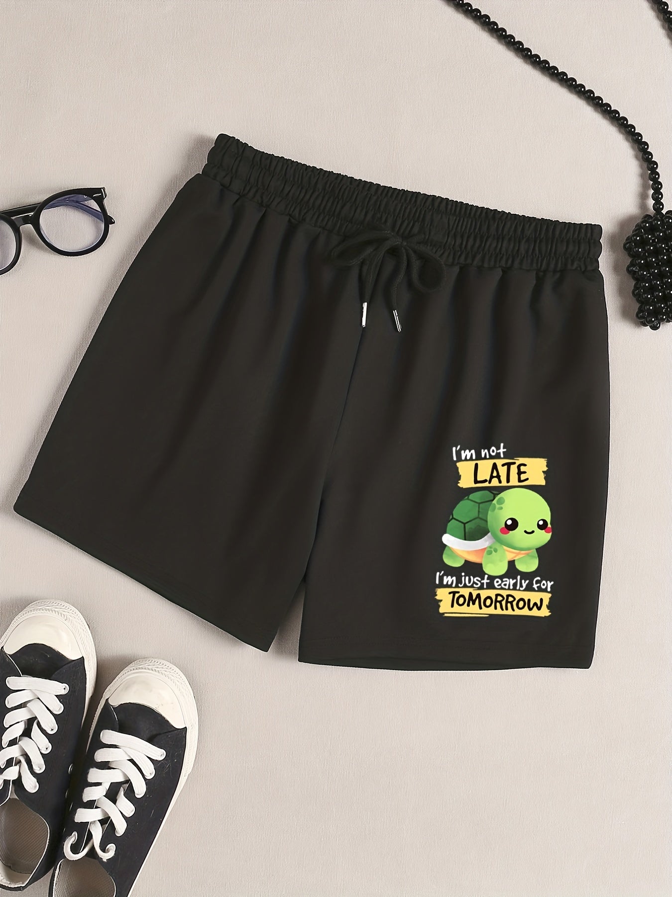  Turtle & Slogan Print Pajama Shorts
