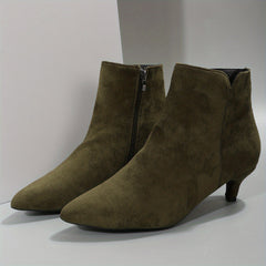 Women's Kitten Heel Ankle Boots Side Zipper Solid Point Toe Short Boots