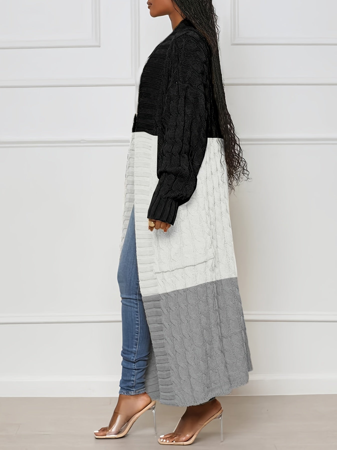  Colorblock Cable Long Sleeve Open Front Long Cardigan