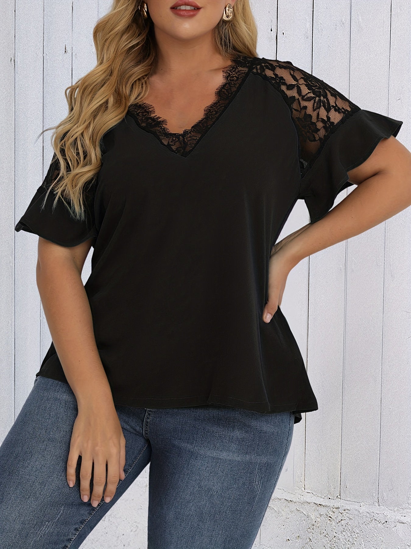  Solid Lace Ruffle Trim Bell Sleeve V Neck Top
