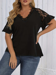  Solid Lace Ruffle Trim Bell Sleeve V Neck Top