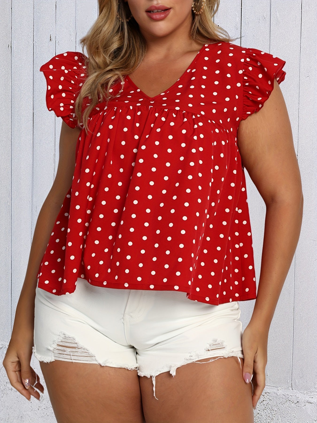  Polka Dot Print Ruffle Trim V Neck Tank Top